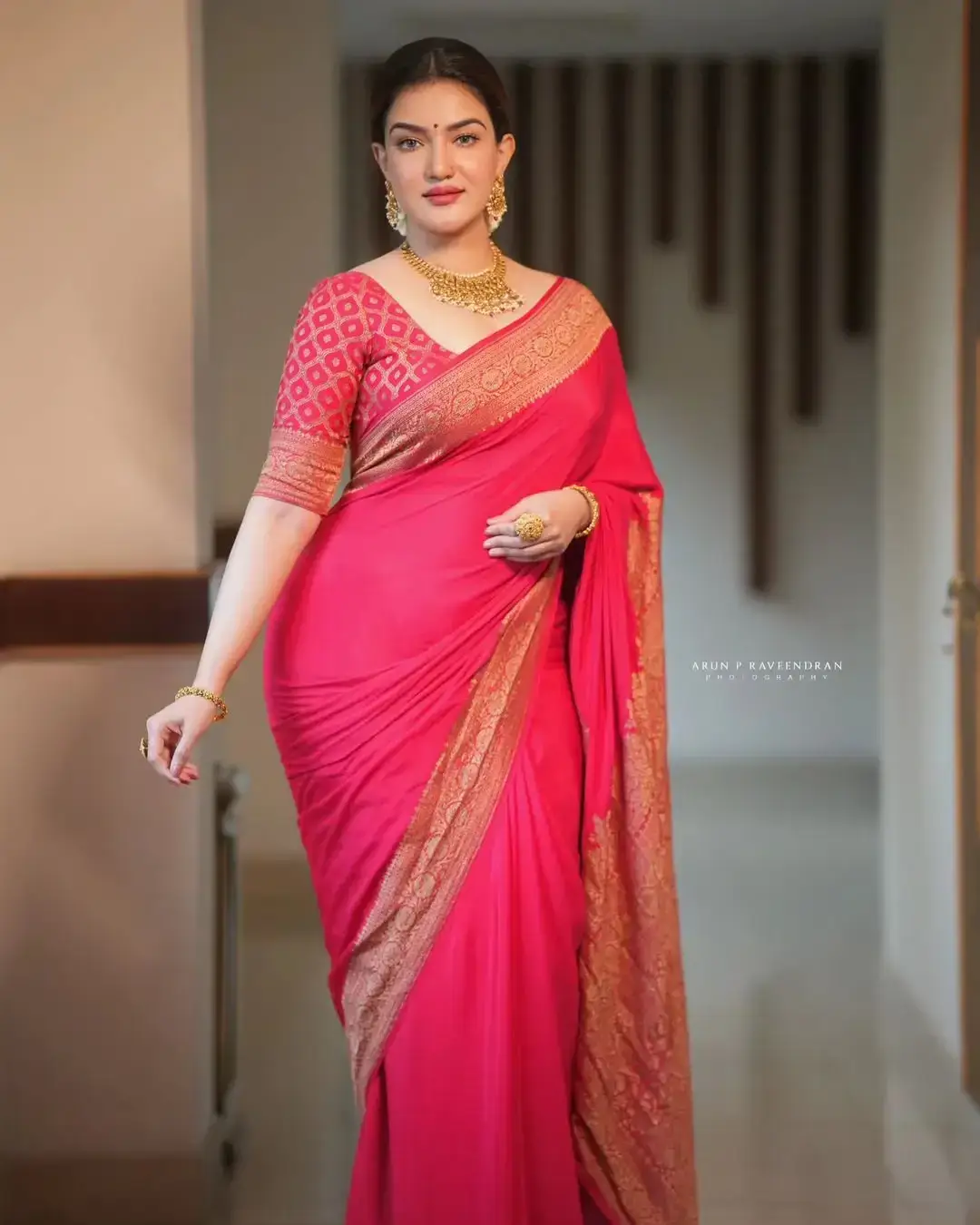 Indian Actress Honey Rose Images in Red Colour Pattu Saree